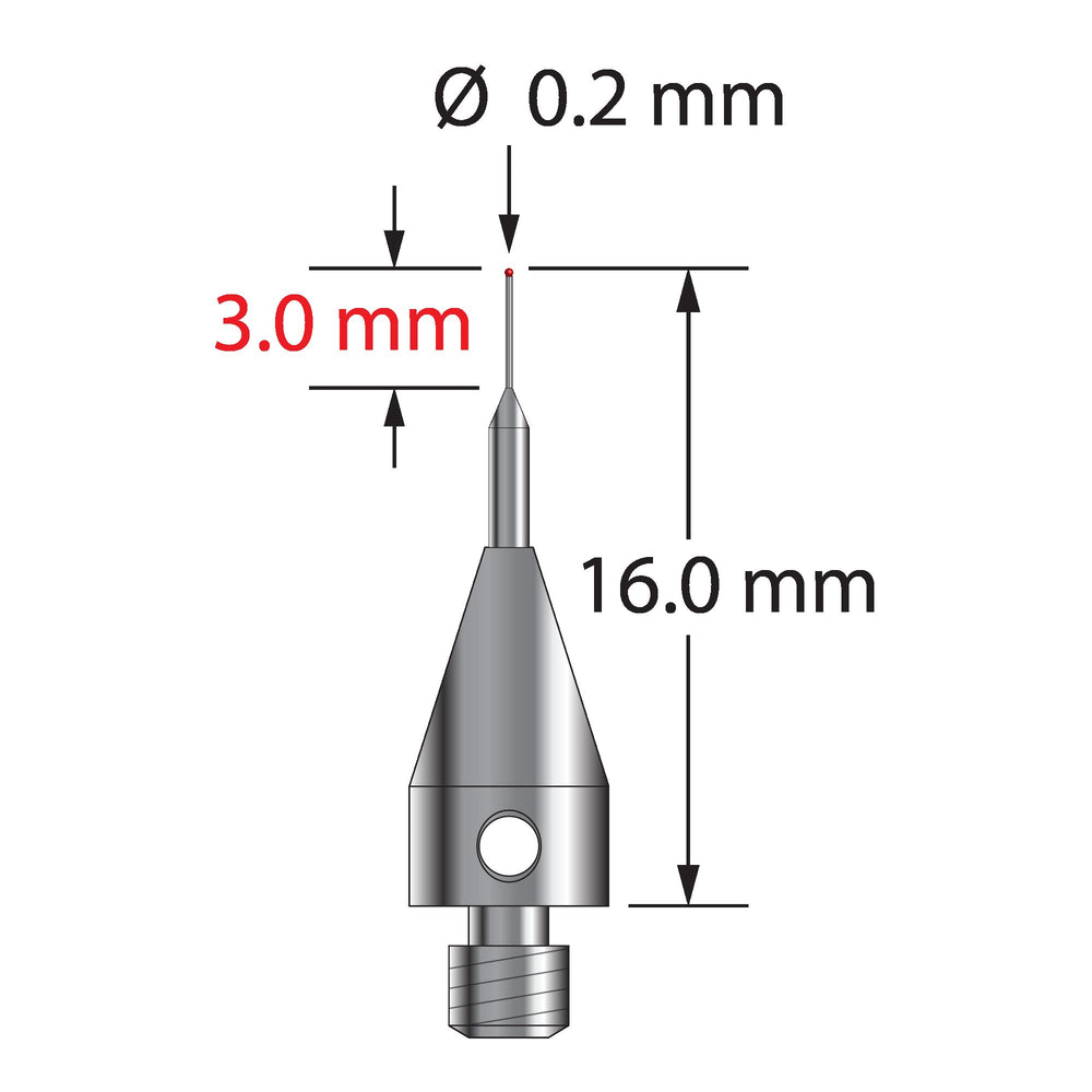 M3 Therm-X stylus with 0.2 mm diameter ruby ball, tapered carbide stem, and 5.0 mm diameter x 9.0 mm long titanium base.  Minor stem diameter is 0.15 mm, major diameter is 1.0 mm.  Overall stylus length is 16.0 mm.  Stylus weight is 0.58 gram.  Compare to Zeiss 626103-5144-016.
