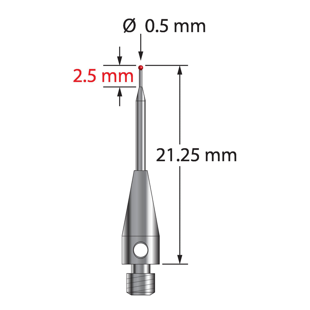 M3 stylus with 0.5 mm diameter ruby ball, tapered carbide stem, and 4.0 mm diameter x 10.0 mm long stainless steel base.  Major stem diameter is 1.0 mm; minor diameter is 0.3 mm.  Overall stylus length is 21.25 mm.  Stylus weight is 0.89 gram.  Compare to Zeiss 602030-8115-000.