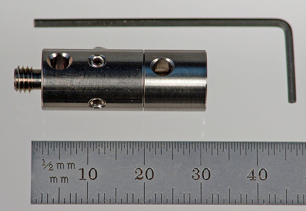 M5 rotary adapter, titanium, 11.0 mm diameter x 29.0 mm long, for radial adjustments.  Two stainless steel set crews for tightening.  A miniature ball bearing provides smooth rotation.  Includes hex wrench (shown).  Weight is 10.82 grams.