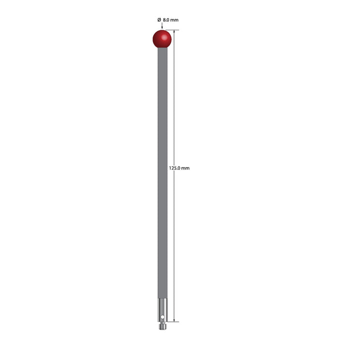 M3 stylus with 8.0 mm diameter ruby ball, 4.0 mm diameter carbon fiber stem, and 4.0 mm diameter x 10.0 mm long stainless steel base.  Overall stylus length is 125.0 mm.  Stylus weight is 3.51 grams.