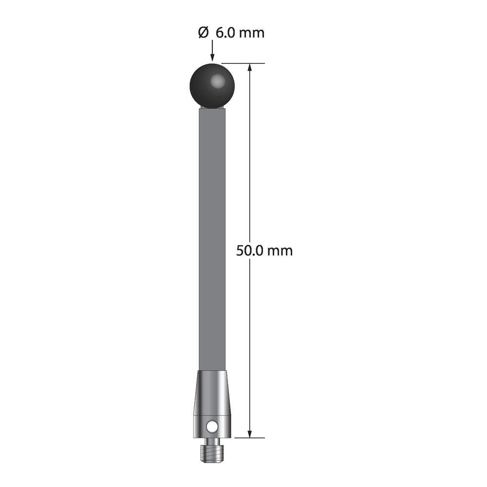 M3 stylus with 6.0 mm diameter silicon nitride ball, 3.5 mm diameter carbon fiber stem, and 5.0 mm diameter x 9.0 mm long titanium base.  Overall stylus length is 50.0 mm.  Stylus weight is 1.33 grams.  Compare to Zeiss 626103-0601-050.