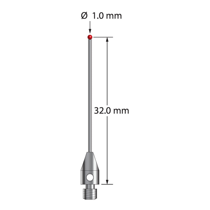 M3 stylus with 1.0 mm diameter ruby ball, 0.8 mm diameter carbide stem, and 4.0 mm diameter x 7.0 mm long stainless steel base.  Stylus length to ball center is 32.0 mm.  Stylus weight is 0.86 gram.  Compare to Mitutoyo K651330.