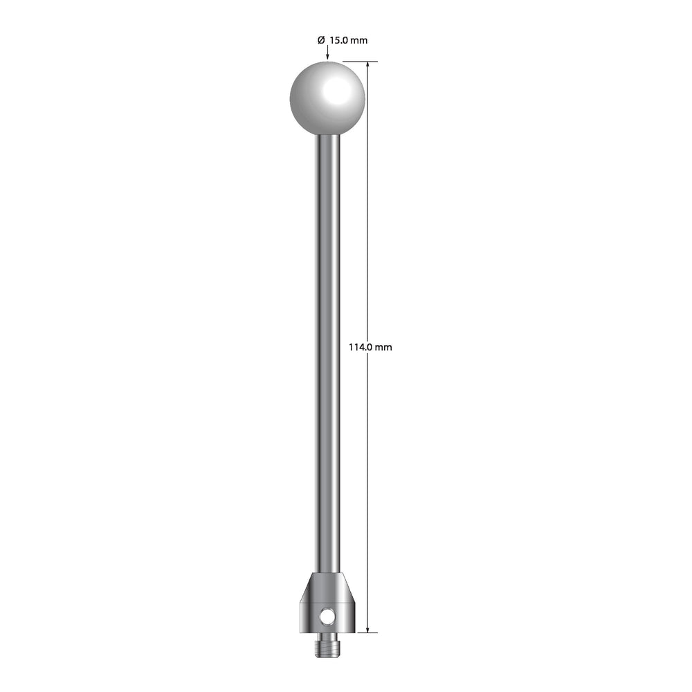 M5 stylus with 15.0 mm diameter ceramic ball (grade 25), 5.0 mm diameter carbide stem, and 11.0 mm diameter x 15.0 mm long stainless steel base.  Overall stylus length is 114.0 mm.  Stylus weight is 38.71 grams.