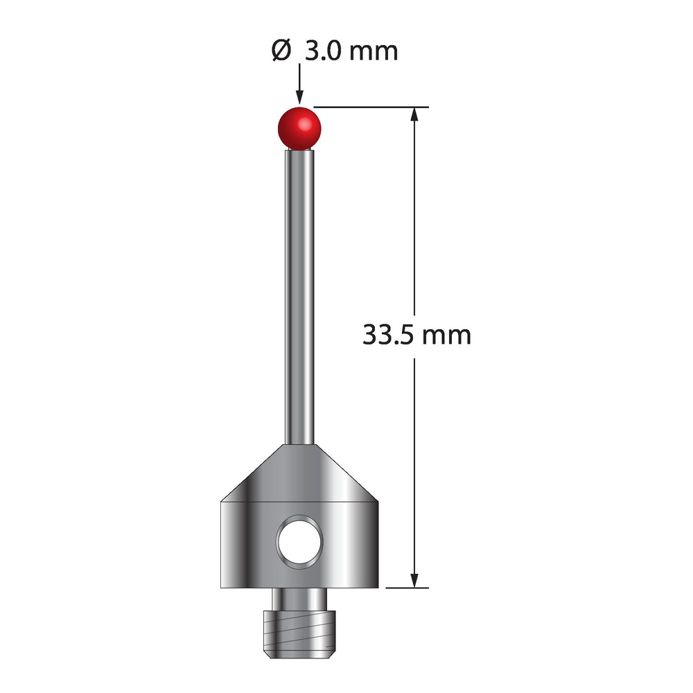 M5 stylus with 3.0 mm diameter ruby ball, 2.0 mm diameter carbide stem, and 11.0 mm x 10.0 mm long stainless steel base.  Overall stylus length is 33.5 mm.  Stylus weight is 6.78 grams.  Compare to Zeiss 600342-8020-000 and Renishaw A-5555-0019.