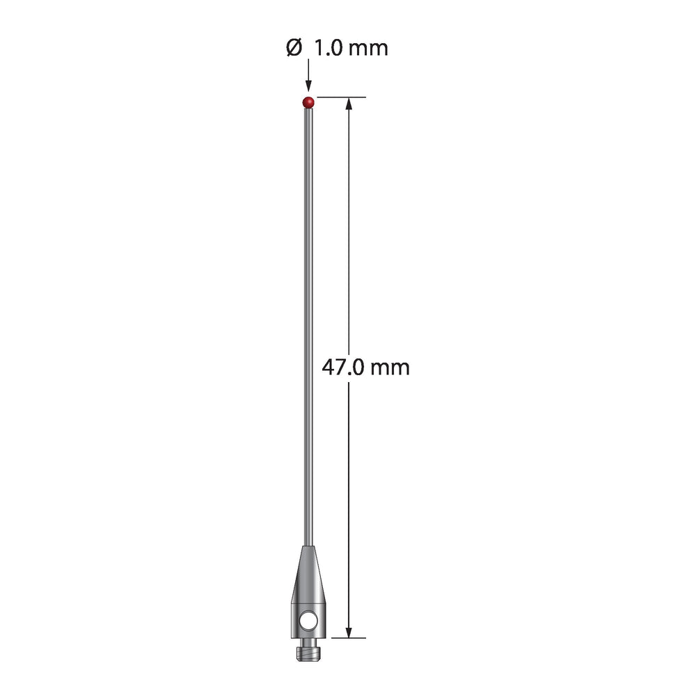 M2 stylus with 1.0 mm diameter ruby ball, 0.7 mm diameter carbide shaft, and 3.0 mm diameter x 8.0 mm long stainless steel base.  Overall stylus length is 47.0 mm.  Stylus weight is 0.55 gram.