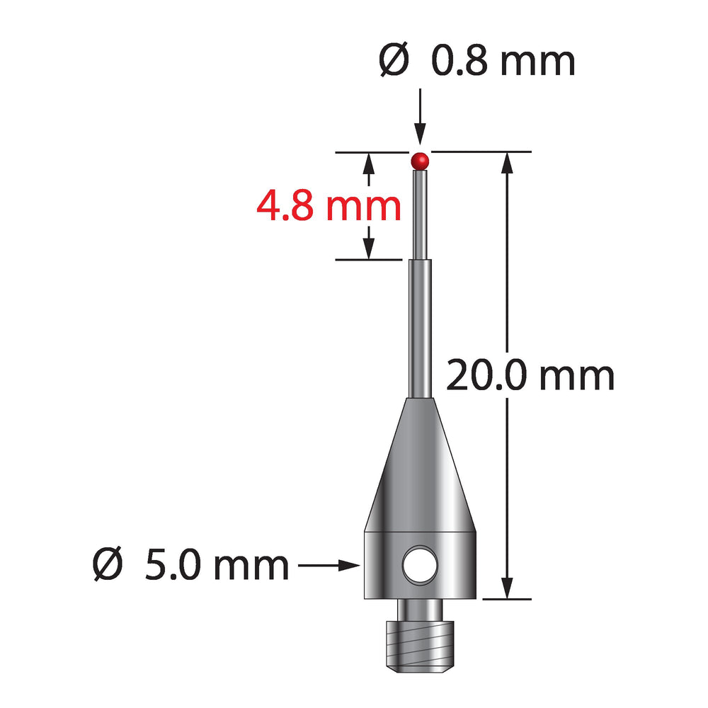 M3 stylus with 0.8 mm diameter ruby ball, stepped carbide stem, and 5.0 mm diameter x 9.0 mm long titanium base.  Minor stem diameter is 0.6 mm, major diameter is 1.0 mm.  Overall stylus length is 20.0 mm.  Stylus weight is 0.60 gram.  Compare to Zeiss 626113-0080-020.