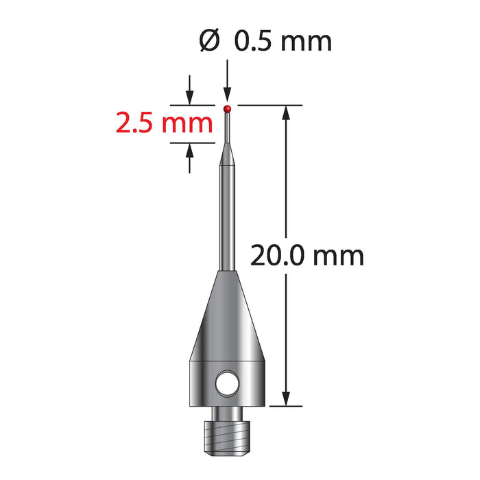 M3 stylus with 0.5 mm diameter ruby ball, tapered carbide stem, and 5.0 mm diameter x 9.0 mm long titanium base.  Major stem diameter is 1.0 mm, minor diameter is 0.3 mm.  Overall stylus length is 20.0 mm.  Stylus weight is 0.55 gram.  Compare to Renishaw A-5004-2186 and Zeiss 626113-0050-020.
