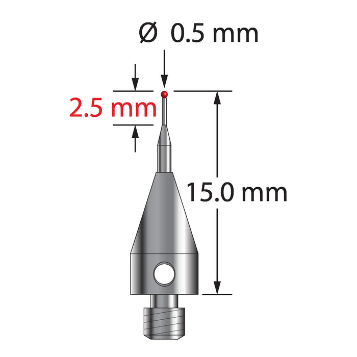 M3 stylus with 0.5 mm diameter ruby ball, tapered carbide stem, and 5.0 mm diameter x 9.0 mm long titanium base.  Major stem diameter is 1.0 mm, minor diameter is 0.3 mm.  Overall stylus length is 15.0 mm.  Stylus weight is 0.53 gram.  Compare to Zeiss 626113-0050-015.