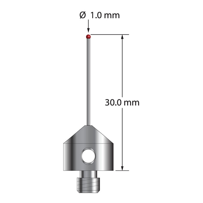 M2 stylus with 1.0 mm diameter ruby ball, 0.8 mm diameter carbide stem, and 3.0 mm diameter x 10.0 mm long stainless steel base.  Overall stylus length is 30.0 mm.  Stylus weight is 5.43 gram.
