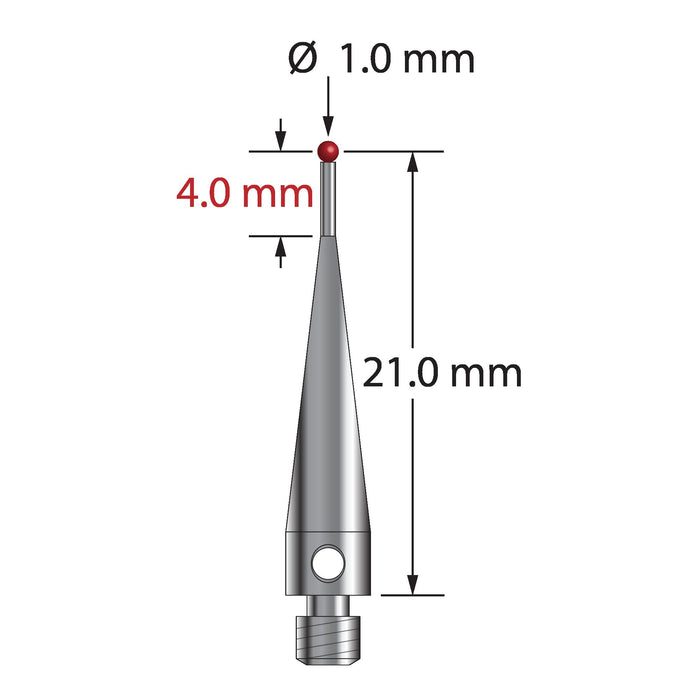 M3 stylus with 1.0 mm diameter ruby ball, 0.7 mm diameter stainless steel stem, and stainless steel body.  Stylus length to ball center is 21.0 mm.  Stylus weight is 0.93 gram.  Compare to Renishaw A-5000-3551 and Carbide Probes 261-1R.