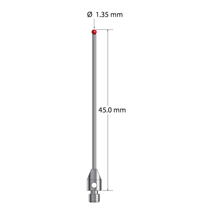M3 stylus with 1.35 mm diameter ruby ball, 1.0 mm diameter carbide stem, and 4.0 mm diameter x 6.0 mm long stainless steel base.  Overall stylus length is 45.0 mm.  Stylus weight is 0.96 gram.  Compare to Zeiss 626123-5744-045.
