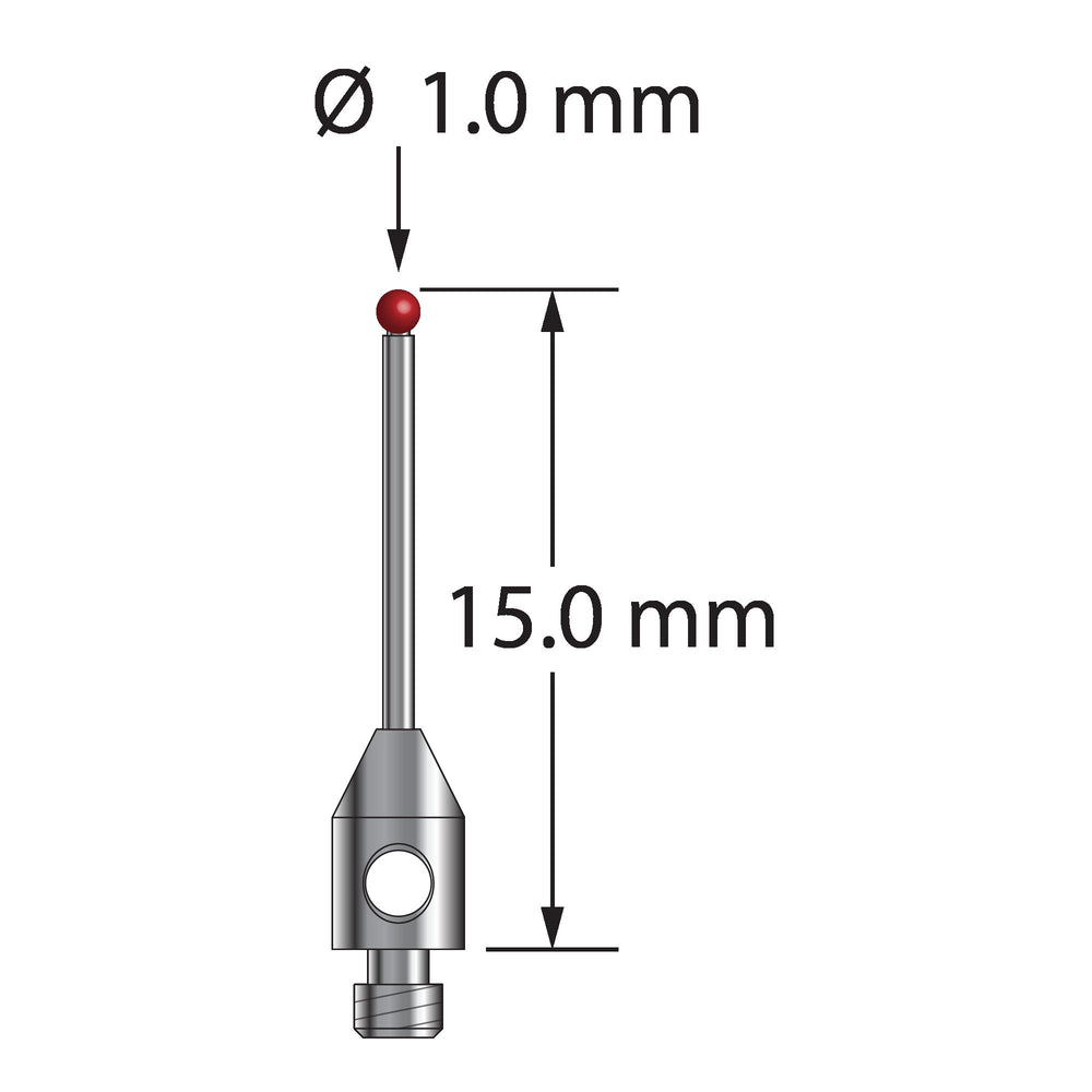 M2 stylus with 1.0 mm diameter ruby ball, 0.7 mm diameter carbide stem, and 3.0 mm diameter x 5.0 mm long stainless steel base.  Overall stylus length is 15.0 mm.  Stylus weight is 0.29 gram.