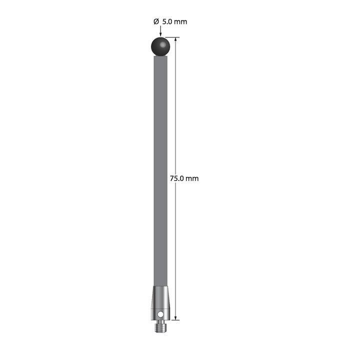 M3 stylus with 5.0 mm diameter silicon nitride ball, 3.5 mm diameter carbon fiber stem, and 5.0 mm diameter x 9.0 mm long titanium base.  Overall stylus length is 75.0 mm.  Stylus weight is 1.47 grams.  Compare to Zeiss 626103-0500-075.