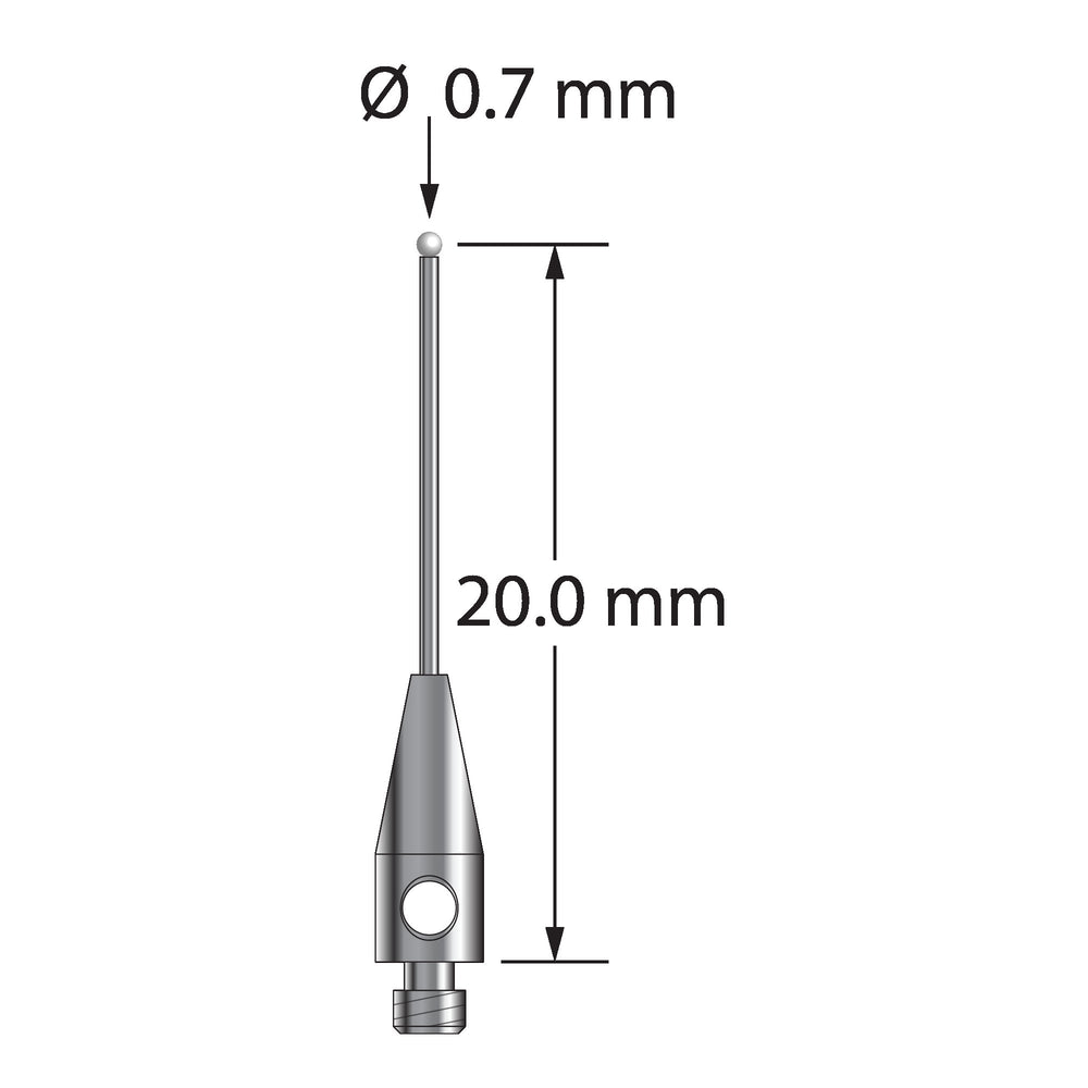 M2 stylus with 0.7 mm diameter zirconia ball, 0.5 mm diameter carbide stem, and 3.0 mm diameter x 8.0 mm long stainless steel base.  Stylus length to ball center is 20.0 mm.  Stylus weight is 0.30 gram.  Compare to Renishaw A-5004-1714.