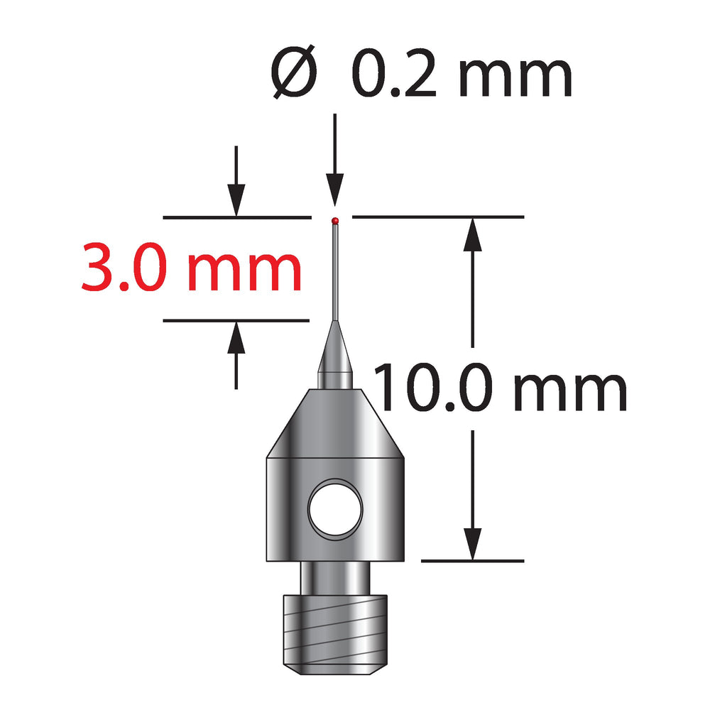 M3 stylus with 0.2 mm diameter ruby ball, tapered carbide stem, and 4.0 mm diameter x 5.0 mm long stainless steel base.  Minor stem diameter is 0.15 mm, major diameter is 1.0 mm.  Overall stylus length is 10.0 mm.  Stylus weight is 0.45 gram.