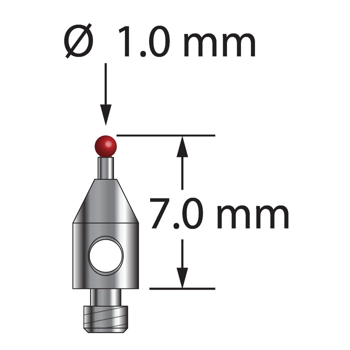M2 stylus with 1.0 mm diameter ruby ball, 0.7 mm diameter carbide stem, and 3.0 mm diameter x 5.0 mm long stainless steel base.  Overall stylus length is 7.0 mm.  Stylus weight is 0.25 gram.