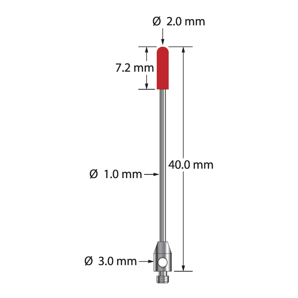M2 stylus with 2.0 mm diameter ruby cylinder, 1.0 mm diameter carbide stem, and 3.0 mm diameter by 5.0 mm long stainless steel base.   Overall stylus length is 35.0 mm.  Stylus weight is 0.61 gram.  Cylinder styli are used for edge probing on stampings or sheet metal parts.  They are not suitable for high accuracy work because the form of a cylinder is not as precise as a sphere.  Please contact us with any questions about calibrating or using cylinder styli.