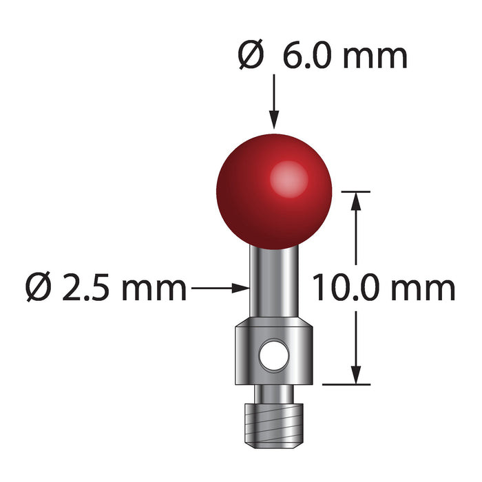 M3 stylus for ROMER arm CMM with 6.0 mm ruby ball and stainless steel stem.  Stylus length to ball center is 10.0 mm.  Stylus weight is 1.35 grams.  Compare to Hexagon 039693 and Carbide Probes 260-6R.