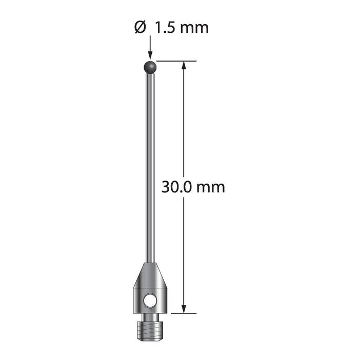 M3 stylus with 1.5 mm diameter silicon nitride ball, 1.0 mm diameter carbide stem, and 4.0 mm diameter x 6.0 mm long stainless steel base.  Overall stylus length is 30.0 mm.  Stylus weight is 0.78 gram.  Compare to Zeiss 626123-0145-030.