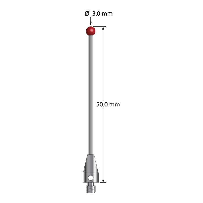 M3 stylus with 3.0 mm diameter ruby ball, 1.5 mm diameter carbide stem, and 5.0 mm diameter x 9.0 mm long titanium base.  Overall stylus length is 50.0 mm.  Stylus weight is 1.58 grams.  Compare to Zeiss 626103-0354-050.