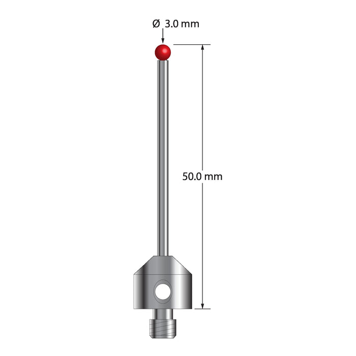 M5 stylus with 3.0 mm diameter ruby ball, 2.0 mm diameter carbide stem, and 11.0 mm diameter x 10.0 mm long stainless steel base.  Overall stylus length is 50.0 mm.  Stylus weight is 7.50 grams.  Compare to Zeiss 602030-9011-000 and Renishaw A-5555-0020.
