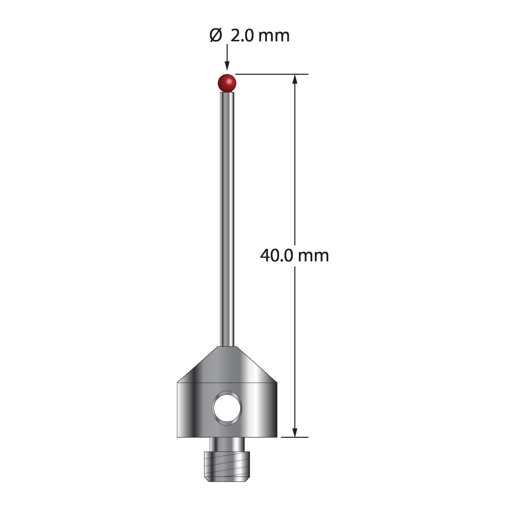 M5 stylus with 2.0 mm diameter ruby ball, 1.5 mm diameter carbide stem, and 11.0 mm diameter x 10.0 mm long stainless steel base.  Overall stylus length is 40.0 mm.  Stylus weight is 6.32 grams.  Compare to Zeiss 626115-0204-040.