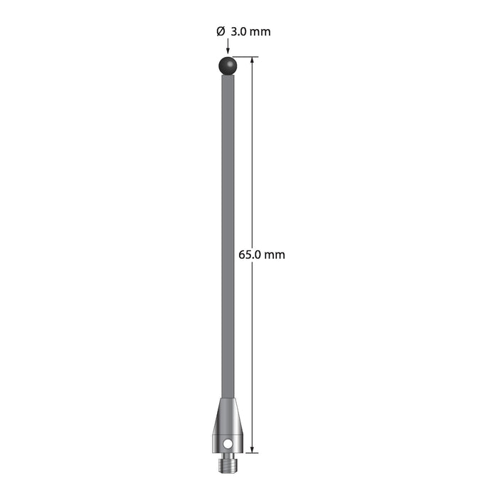 M3 stylus with 3.0 mm diameter silicon nitride ball, 2.0 mm diameter carbon fiber stem, and 5.0 mm diameter x 9.0 mm long titanium base.  Overall stylus length is 65.0 mm.  Stylus weight is 0.76 gram.  Compare to Zeiss 626103-0301-065.