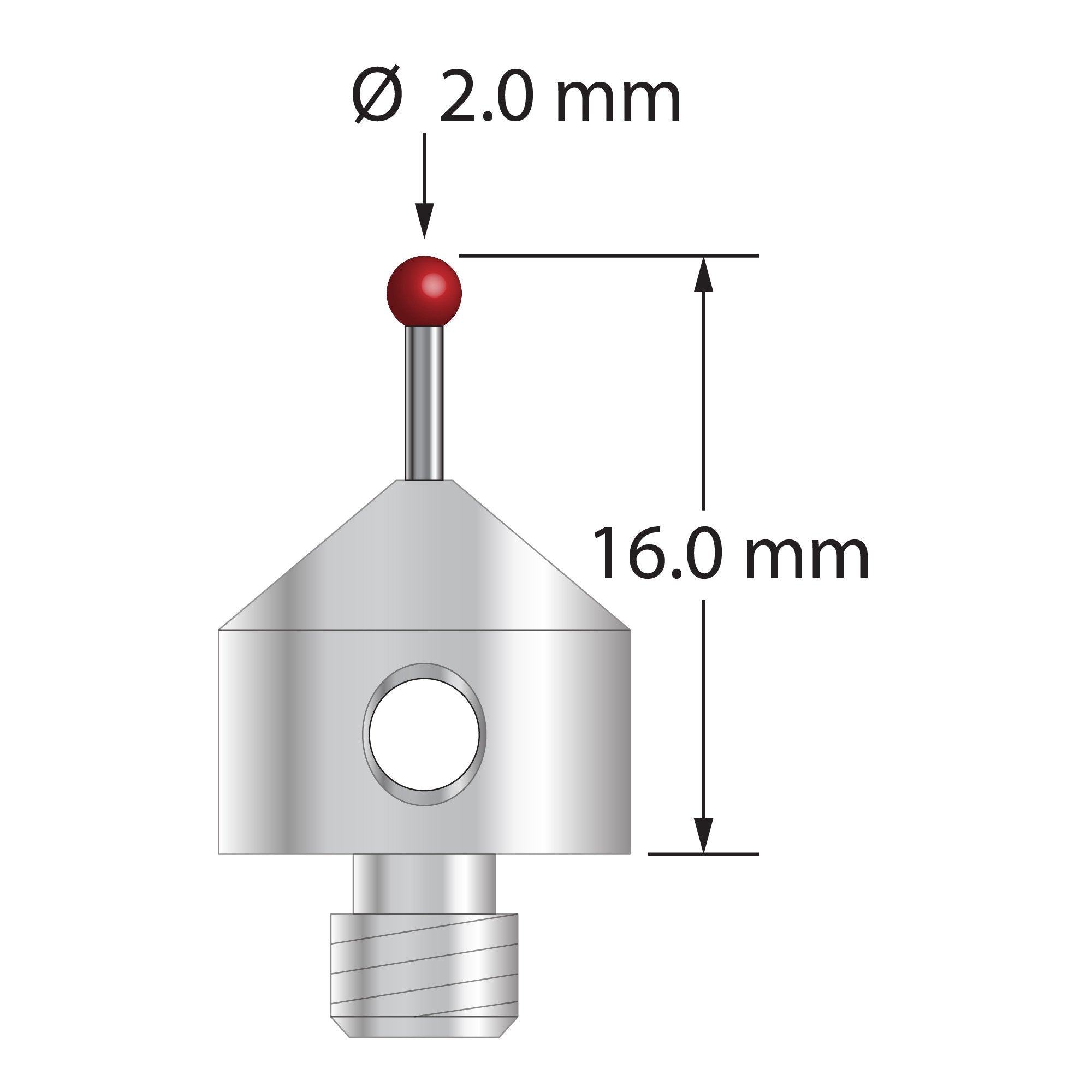 M5 stylus with 2.0 mm diameter ruby ball, 1.0 mm diameter carbide stem, and 11.0 mm diameter x 10.0 mm long stainless steel base.   Overall stylus length is 16.0 mm.  Stylus weight is 5.56 grams.