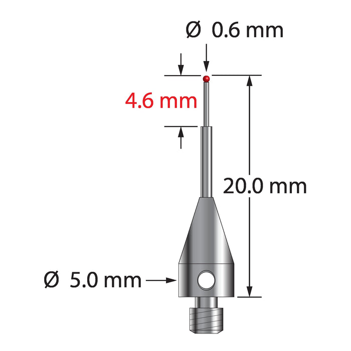 M3 stylus with 0.6 mm diameter ruby ball, stepped carbide stem, and 5.0 mm diameter x 9.0 mm long titanium base.  Minor stem diameter is 0.4 mm, major diameter is 1.0 mm.  Overall stylus length is 20.0 mm.  Stylus weight is 0.57 gram.  Compare to Zeiss 626113-0060-020 and Renishaw A-5004-3179.