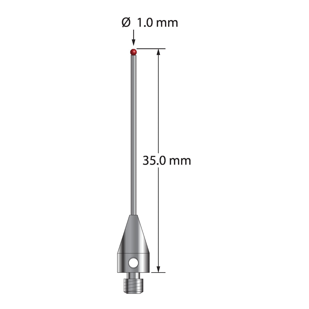 M3 stylus with 1.0 mm diameter ruby ball, 0.8 mm diameter carbide stem, and 5.0 mm diameter x 9.0 mm long titanium base.  Overall stylus length is 35.0 mm.  Stylus weight is 0.82 gram.