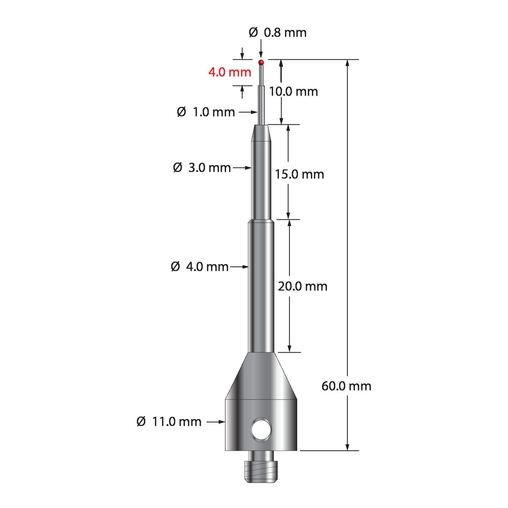 Extra length M5 stylus with 0.8 mm diameter ruby ball, stepped carbide stem, and 11.0 mm diameter by 50.0 mm long stainless steel base.  Overall stylus length is 60.0 mm.  Stylus weight is 11.15 grams.