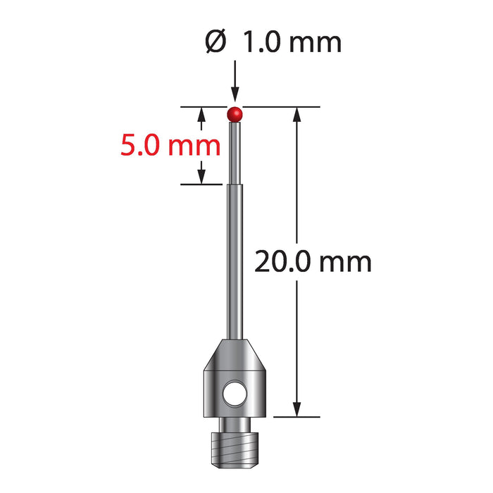 M3 stylus with 1.0 mm diameter ruby ball, stepped carbide stem, and 4.0 mm diameter x 5.0 mm long stainless steel base.  Minor stem diameter is 0.7 mm, major diameter is 1.0 mm.  Overall length is 20.0 mm.  Stylus weight is 0.66 gram.