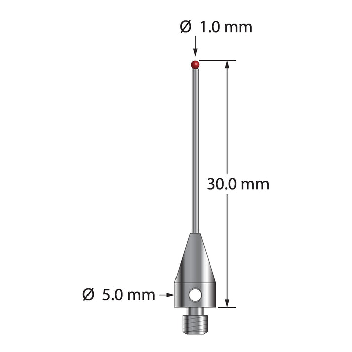 M3 stylus with 1.0 mm diameter ruby ball, 0.8 mm diameter carbide stem, and 5.0 mm diameter x 9.0 mm long titanium base.  Overall stylus length is 30.0 mm.  Stylus weight is 0.78 gram.  Compare to Zeiss 626113-0101-030.
