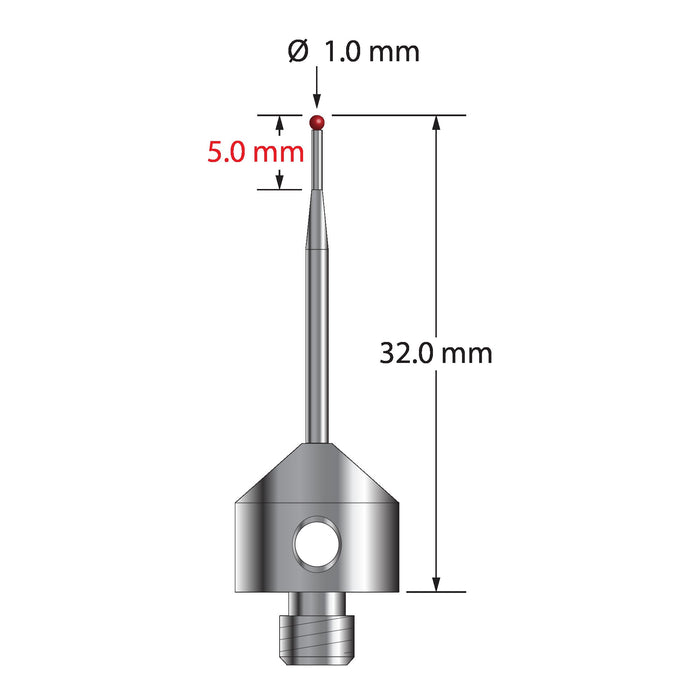 M5 stylus with 1.0 mm diameter ruby ball, tapered carbide stem, and 11.0 mm diameter x 10.0 mm long stainless steel base.  Major stem diameter is 1.5 mm, minor diameter is 0.70 mm.  Overall stylus length is 32.0 mm.  Stylus weight is 5.76 grams.