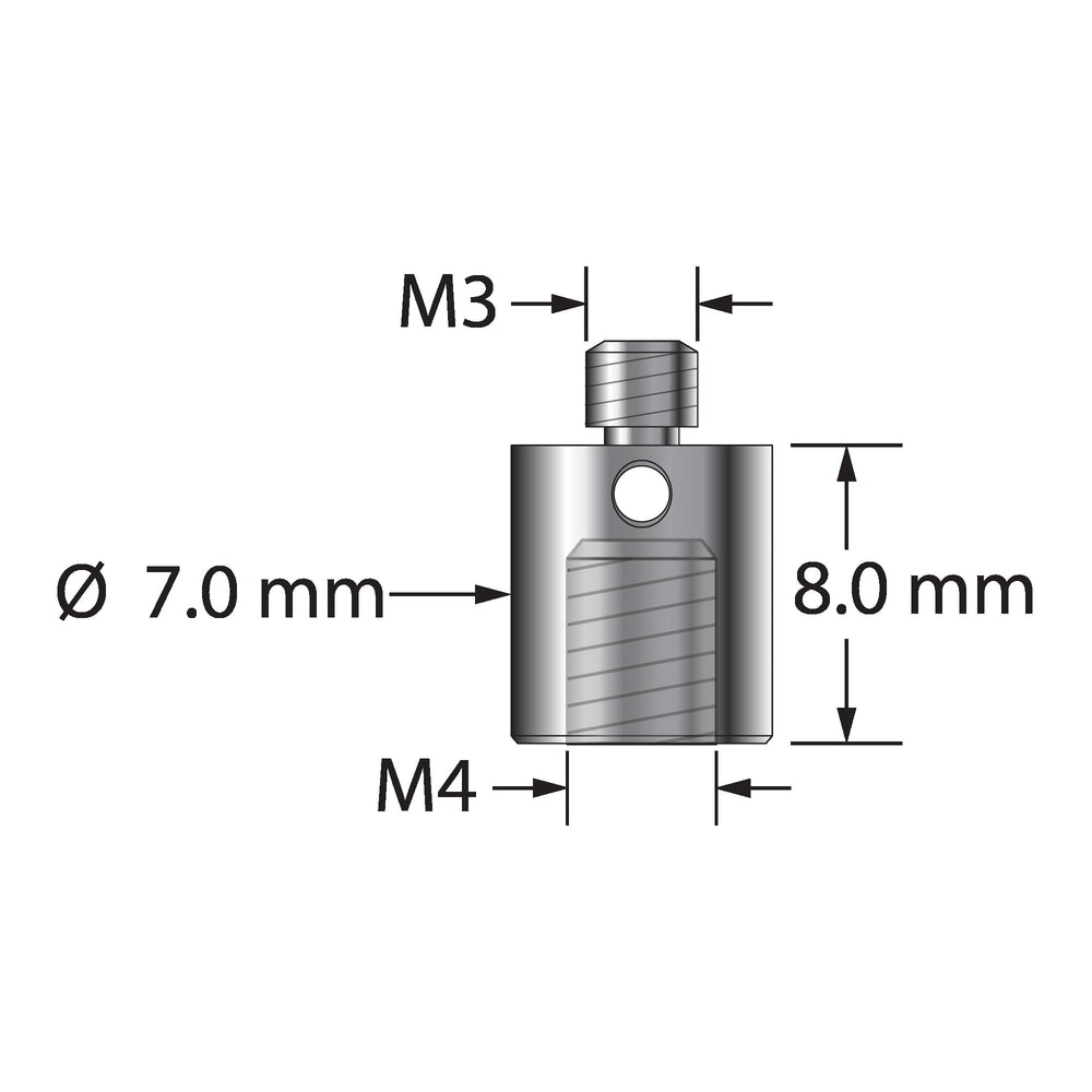 Thread adapter, M3 to M4. 7.0 mm diameter stainless steel. Weight is 1.92 grams.