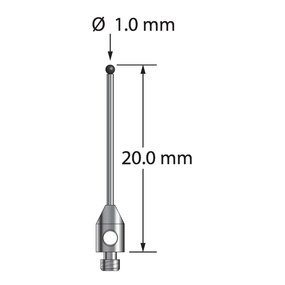 M2 stylus with 1.0 mm diameter silicon nitride ball, 0.7 mm diameter carbide stem, and 3.0 mm diameter x 5.0 mm long stainless steel base.  Overall stylus length is 20.0 mm.  Stylus weight is 0.32 gram.