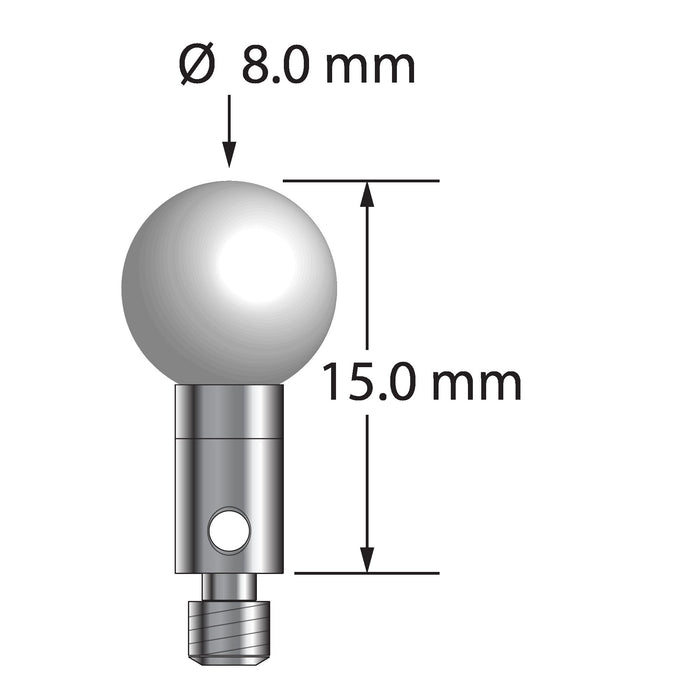 M3 stylus with 8.0 mm diameter zirconia ball, 4.0 mm diameter carbide stem, and 4.0 mm diameter x 5.0 mm long stainless steel base.  Overall stylus length is 15.0 mm.  Stylus weight is 2.65 grams.