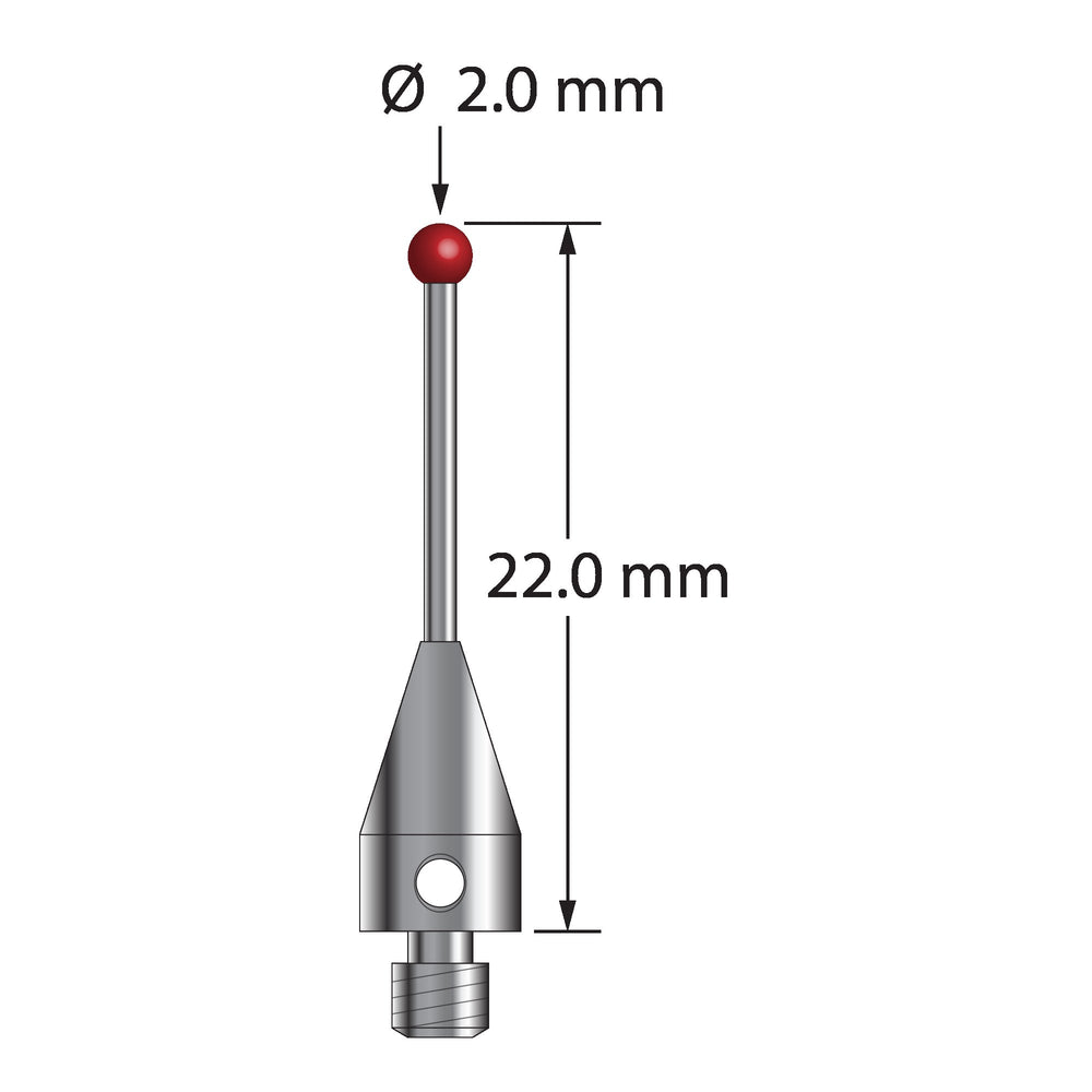 M3 XXT stylus with 2.0 mm diameter ruby ball, 1.0 mm diameter carbide stem, and 5.0 mm diameter x 9.0 mm long titanium base.  Overall stylus length is 22.0 mm.  Stylus weight is 0.67 gram.  Compare to Zeiss 626103-0244-022.
