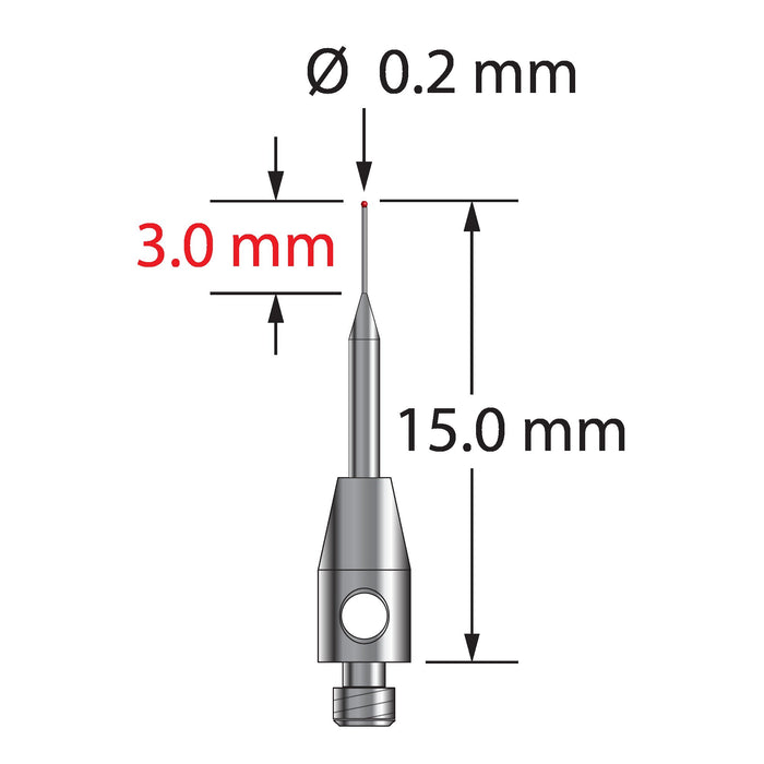 M2 stylus with 0.2 mm diameter ruby ball, tapered carbide stem, and 3.0 mm diameter x 5.0 mm long stainless steel base.  Minor stem diameter is 0.15 mm, major diameter is 1.0 mm.  Overall stylus length is 15.0 mm.  Stylus weight is 0.23 gram.