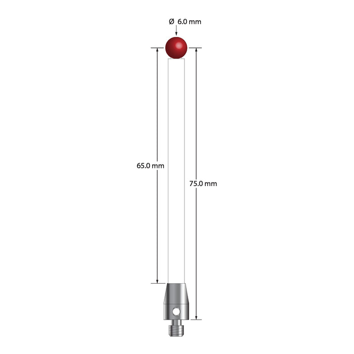 M4 stylus with 6.0 mm diameter ruby ball, 4.5 mm diameter ceramic stem, and 7.0 mm diameter x 10.0 mm long stainless steel base.  Stylus length to ball center is 75.0 mm.  Stylus weight is 6.23 grams.  Compare to Renishaw A-5003-2764.