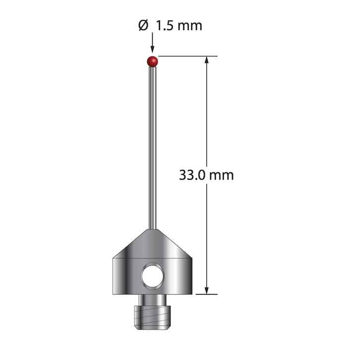 M5 stylus with 1.5 mm diameter ruby ball, 1.0 mm diameter carbide stem, and 11.0 mm diameter x 9.0 mm long stainless steel base.  Overall stylus length is 33.0 mm.  Stylus weight is 5.78 grams.  Compare to Zeiss 626115-0150-033.