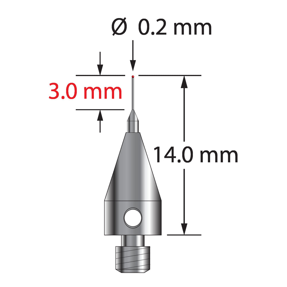 M3 Therm-X stylus with 0.2 mm diameter ruby ball, tapered carbide stem, and 5.0 mm diameter x 9.0 mm long titanium base.   Minor stem diameter is 0.15 mm, major diameter is 1.0 mm.  Overall stylus length is 14.0 mm.  Stylus weight is 0.56 gram. Compare to Zeiss 626103-5144-014.
