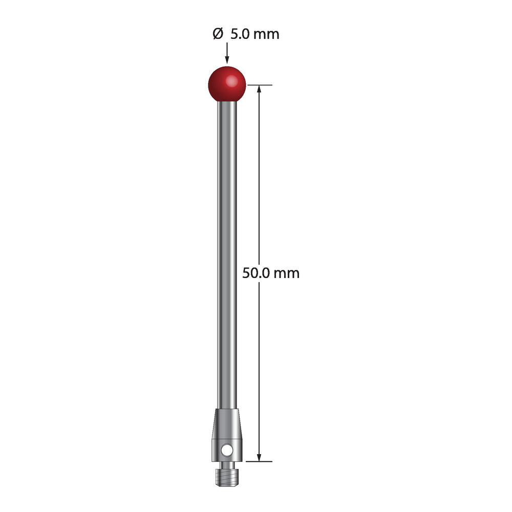 M3 stylus with 5.0 mm diameter ruby ball, 2.5 mm diameter carbide stem, and 4.0 mm diameter x 7.0 mm long stainless steel base.  Stylus length to ball center is 50.0 mm.  Stylus weight is 3.54 grams.  Compare to Renishaw A-5003-0063.