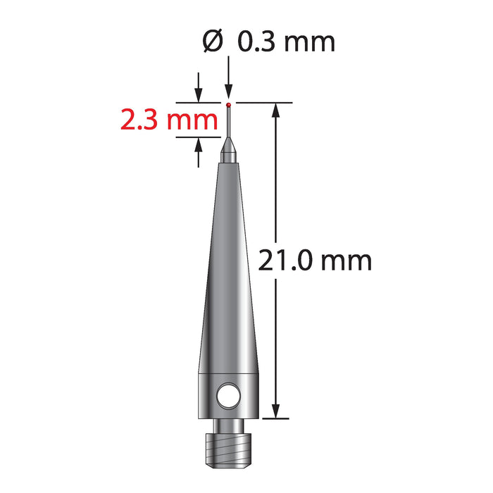 M3 stylus with 0.3 mm diameter ruby ball, tapered carbide stem, and 4.0 mm diameter x 17.0 mm long stainless steel base.  Minor stem diameter is 0.2 mm, major diameter is 1.0 mm.  Overall stylus length is 21.0 mm.  Stylus weight is 0.85 gram.  Compare to Carbide Probes 261-.3R.