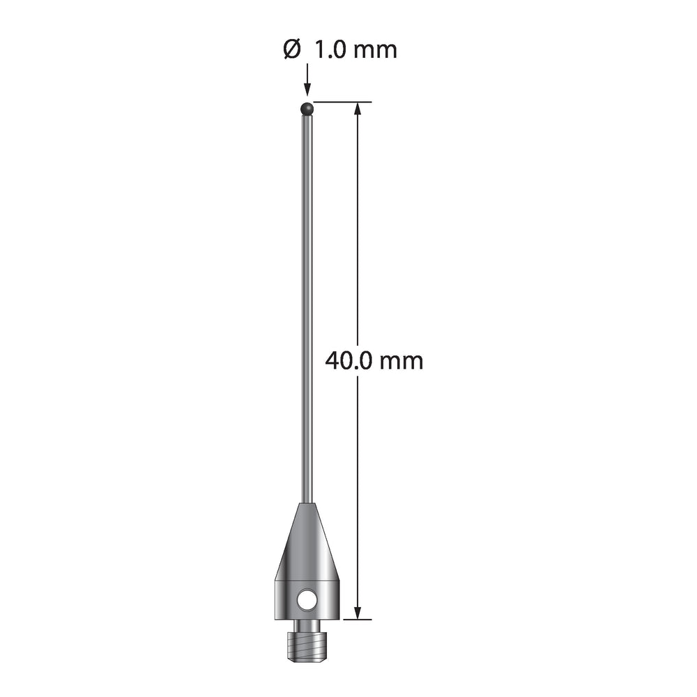 M3 stylus with 1.0 mm diameter silicon nitride ball, 0.8 mm diameter carbide stem, and 5.0 mm diameter x 9.0 mm long titanium base.  Overall stylus length is 40.0 mm.  Stylus weight is 0.88 gram.