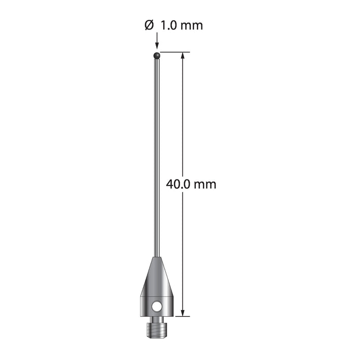 M3 stylus with 1.0 mm diameter silicon nitride ball, 0.8 mm diameter carbide stem, and 5.0 mm diameter x 9.0 mm long titanium base.  Overall stylus length is 40.0 mm.  Stylus weight is 0.88 gram.