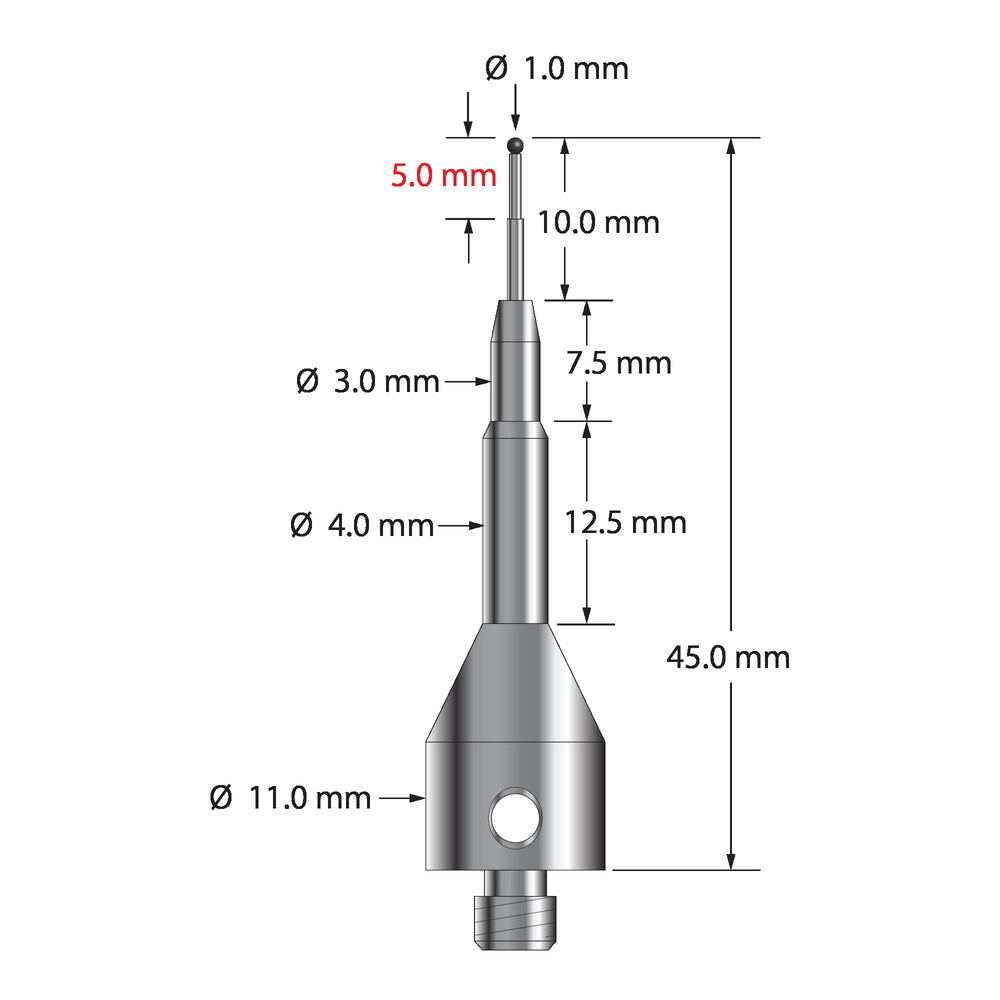 M5 stylus with 1.0 mm diameter silicon nitride ball, stepped carbide stem, and 11.0 mm diameter by 25.0 mm long stainless steel base.  Minor diameter of carbide stem is 0.7 mm, major diameter is 1.0 mm.  Overall stylus length is 45.0 mm.  Stylus weight is 10.23 grams.