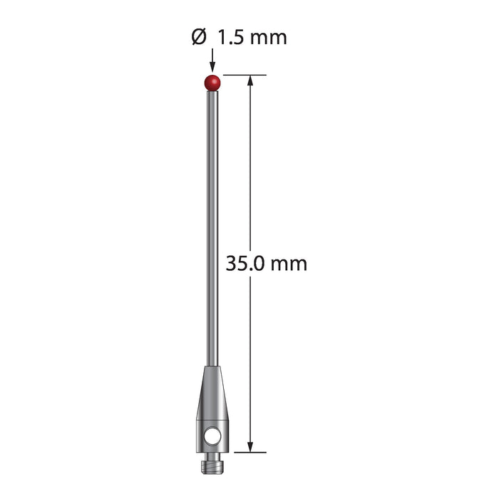 M2 stylus with 1.5 mm diameter ruby ball, 1.0 mm diameter carbide stem, and 3.0 mm diameter x 8.0 mm long stainless steel base.  Overall stylus length is 35.0 mm.  Stylus weight is 0.61 gram.