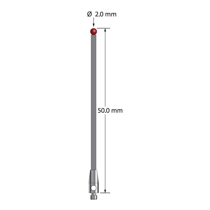 M2 stylus with 2.0 mm diameter ruby ball, 1.5 mm diameter carbon fiber stem, and 3.0 mm diameter x 7.0 mm long stainless steel base.  Overall stylus length is 50.0 mm.  Stylus weight is 0.39 grams.