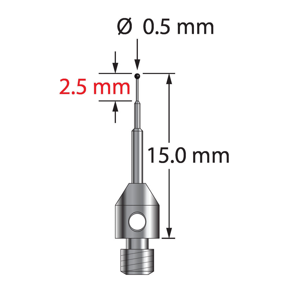 M3 stylus with 0.5 mm diameter carbide ball, stepped carbide stem, and 4.0 mm diameter x 5.0 mm long stainless steel base.  Minor stem diameter is 0.3 mm, intermediate diameter is 0.6 mm, major diameter is 1.0 mm.  Overall stylus length is 15.0 mm.  Stylus weight is 0.62 gram.